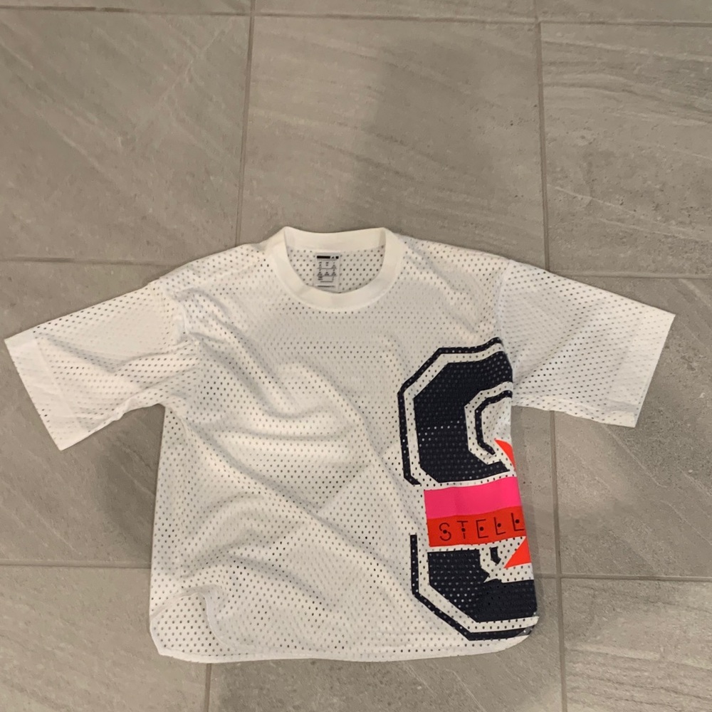 Adidas Stella McCartney Sport White Mesh Tee with Navy and Red Accents